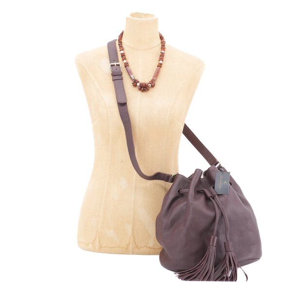 New Leather Bucket Bag Purple Tassel Crossbody Purse Brooks Brothers - Picture 6 of 9